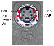 The ADB port. Clockwise from top left, GND, 5V, ADB, PSU Power On