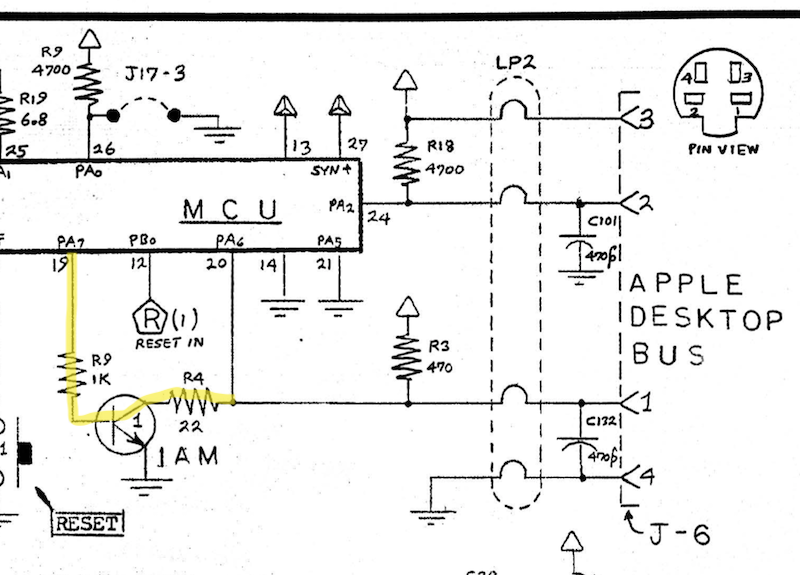 EGRET pin 19 diagram. It flows through a transistor and then into the ADB data pin.