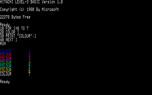 The BASIC Master is running in MAME. Colours 0-7 are the same colours as the above "screenshot" from the real machine.