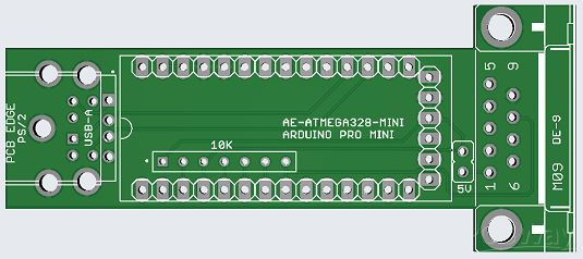 The first version of the mouse PCB. It says "AE-ATMEGA328-MINI" for the Arduino Pro Mini footprint.