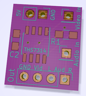 The prototype board as seen from KiCad. It's very simple, with only a 'video in,' 'audio in,' and 'power in' pinout which then goes to the THS7314 chip.