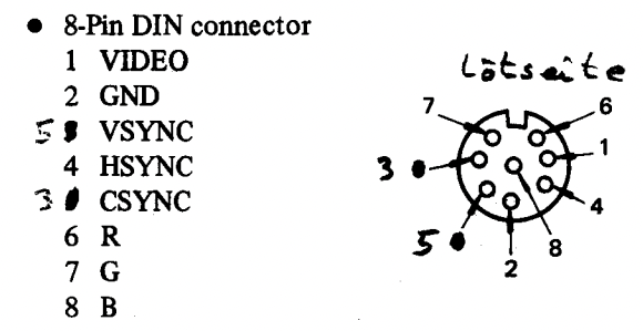 The service manual pinout for the RGB connector. Pin 1 composite video, pin 2 ground, pin 5 vsync, pin 4 hsync, pin 3 csync, pin 6 r, pin 7 g, pin 8 b