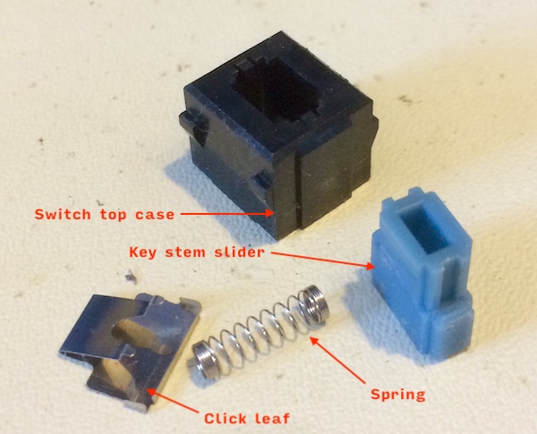 The top half of the Alps keyboard switch. Click leaf, a spring with dead coils, a plastic blue slider, and a top case for the switch are shown on a dirty ESD mat.