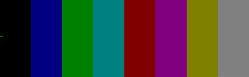 The colour test bars, as seen in MAME. Black, blue, green, teal, red, purple, yellow, white. A cursor is blinking on the left side, ignore that.