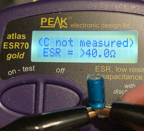 The 33µF capacitor is showing an ESR of "over 40 ohms" and the capacitance is unable to be measured.