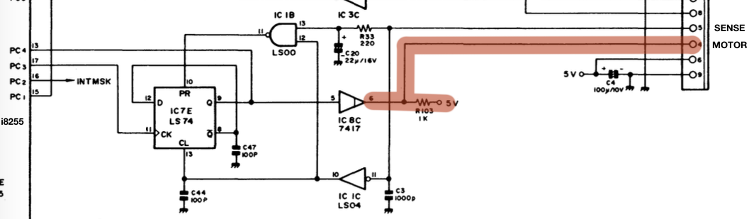 A red line traces the output of 8C's pin 6 to the connector marked "MOTOR." It also includes a 1k resistor, R103, which pulls that output up to +5V.