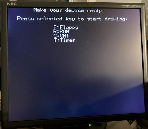 The IPL screen. It says "Make your device ready... Press selected key to start driving: F:Floppy, R:ROM, C:CMT, T:Timer