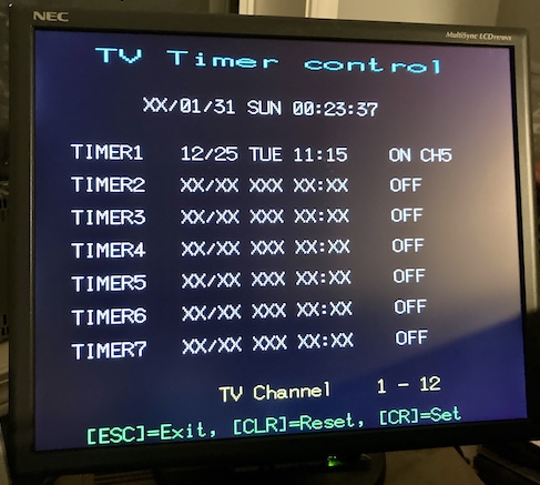 The PS/2 keyboard is now able to program the TV Timer interface. A program is set for Tuesday, 12/25, at 11:15 AM on Channel 5.