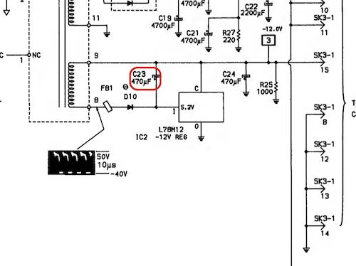 C23 capacitor in the power supply schematic. It is 470uF and on the -12V line which sees an input wave of 50V to -40V and then feeds into an L78M12 -12V regulator chip.