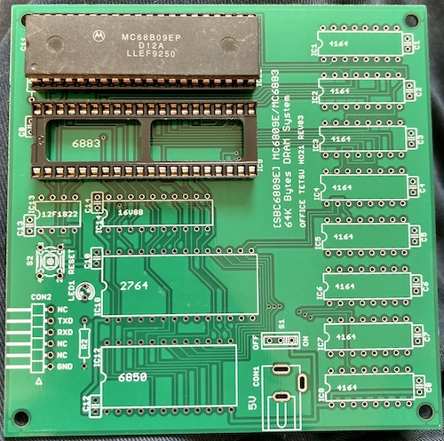 The CPU has been fitted into the 6809E socket, and the 6883 position next to it has also been socketed.