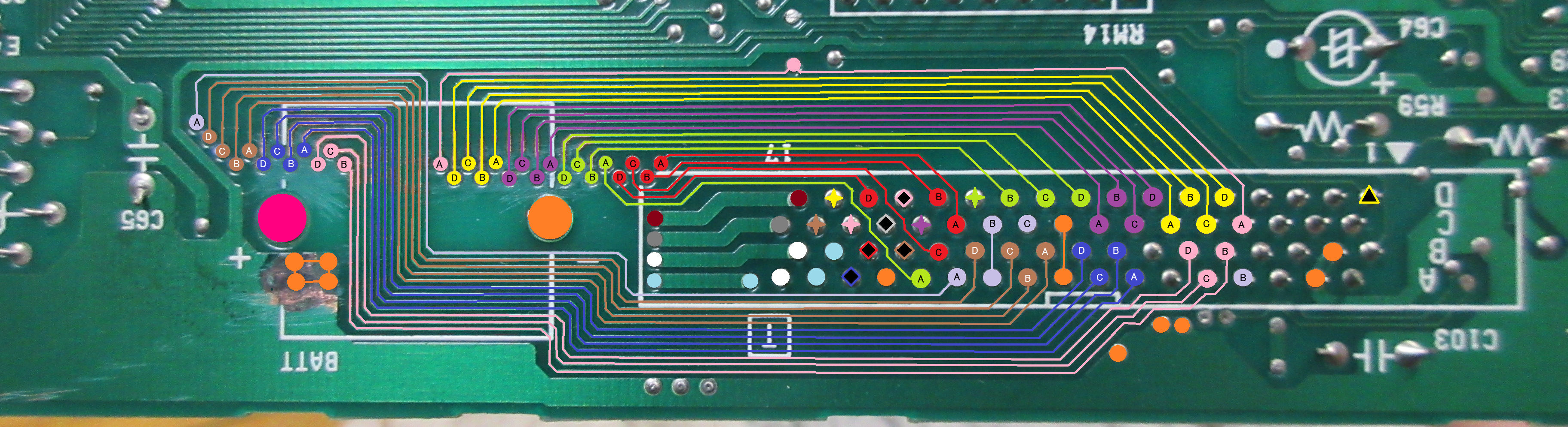 ACE IOBoard repair part 2: a map of traces is shown for the bottom side of the board