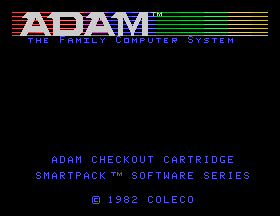 The ROM is loading in MAME. A title screen tells us "ADAM The Family Computer System: ADAM Checkout Cartridge Smartpack™ Software Series