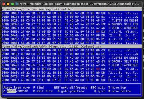 vbindiff reports that some of the bytes (in red) are different between the two roms.