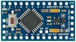 A blue circuit board, with an ATMega328P on it. The board is much shorter than the other one, and pins 10, 11, ... A3 run along the bottom, with A4 and A5 inset.
