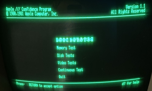 The Confidence Test is booted, but the topmost menu option only has every second character highlighted.