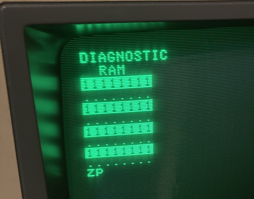 The DIAGNOSTIC RAM screen. It has a row of reverse-video 1s and then a row of .... and then a row of 1s, alternating. There is a total of eight rows. At the bottom it says "ZP"