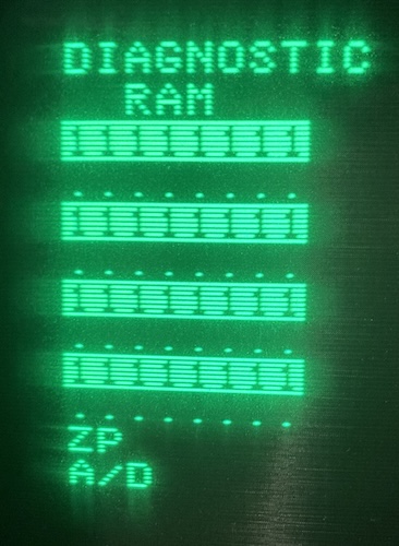 The diagnostic RAM screen complains about every odd byte of RAM, and claims that "ZP" and "A/D" are failing.