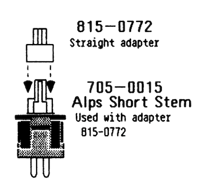 The schematic from the Technical Procedures manual. An Alps short-stem key switch, part number 705-0015, has a 815-0772 straight adapter stuck on it to add height.