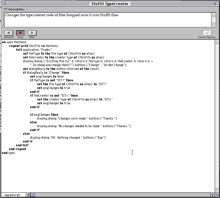The AppleScript I wrote up to convert files dropped on it into StuffIt archives.