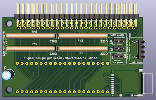 The prototype v0.1 board, with resistor networks. The SCSI connector is at the top, and the Blue Pill board mounts at the bottom. The SD card inserts on the side.