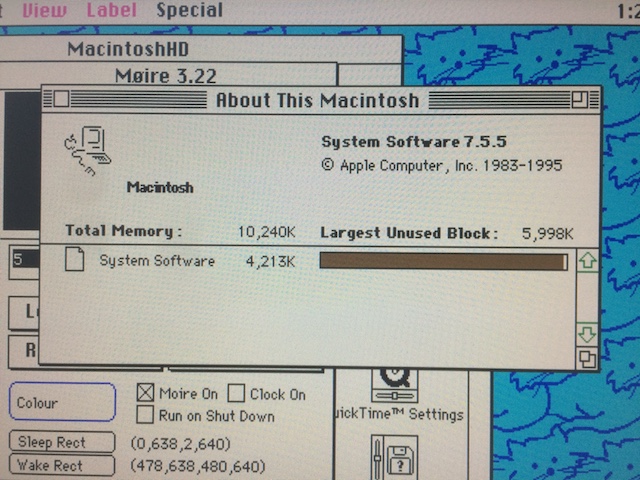 About This Macintosh. It reports as just a 'Macintosh' but with 10MB of RAM.