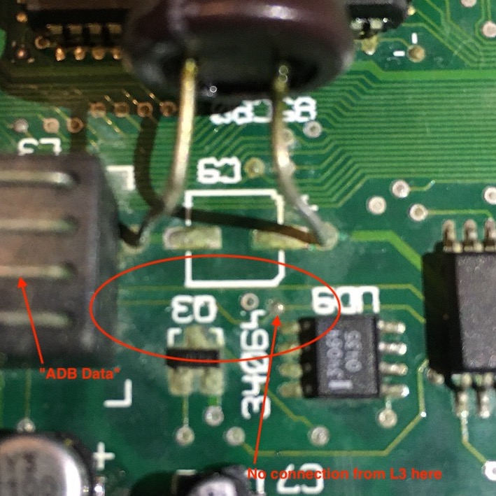 The ADB circuit in action. The trace that is faulty is outlined, indicating there is no connection between the via and L3