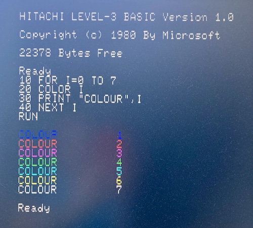 A test program has been written that steps through COLOR 0 to COLOR 7 and prints out a little message. The colours, in order, are black, blue, red, purple, green, light blue, yellow, and white.