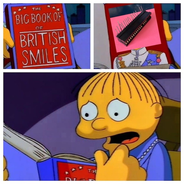 A snap from The Simpsons where "The Big Book of British Smiles" is opened to horrify Ralph Wiggum with the crudely-Photoshopped remains of the Companion's cartridge slot. WHY MUST YOU TURN MY EXPANSION BUS INTO A HOUSE OF LIES?