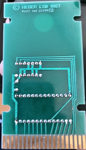 The rear of the cartridge PCB. A marking, HEBER LTD 1987, is shown.