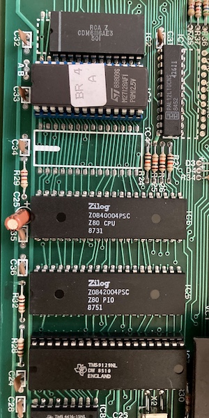 The main ICs of the Bridge Companion; from top to bottom: RCA CDM6116AE3, ST M27128, Zilog Z80, Zilog Z80 PIO, TMS9129NL