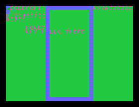 The test code running in MAME. As you can see, it has a lot of test strings and weird loopy things from me trying to figure out how to write various things in Z80.