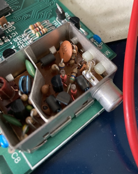 The old RF modulator configuration, with the output resistor soldered onto the RCA jack on the back.