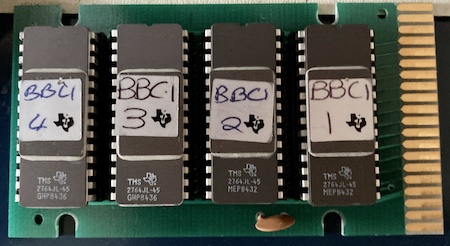 The second (circa 1984) copy of Bridge Builder, internally. It has four TI 27C64 EPROMs, marked BBC1 1 through 4. I guess now we know why the 1987 cartridge PCB was so unncessarily large.