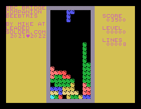 The "I" piece has landed, four lines have cleared, and the line count has incremented by four. The second-last column has changed in colour, but didn't actually go down in height. What?
