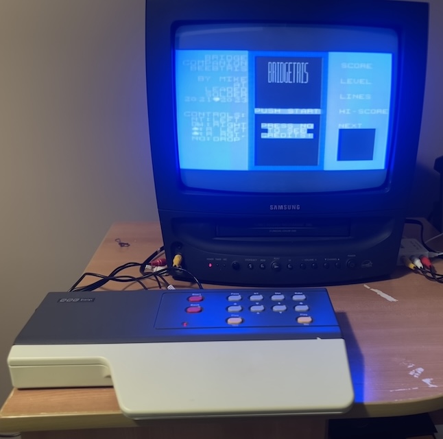 The composite-modded BBC Bridge Companion is playing "Bridgetris" on my NTSC Samsung CRT TV.