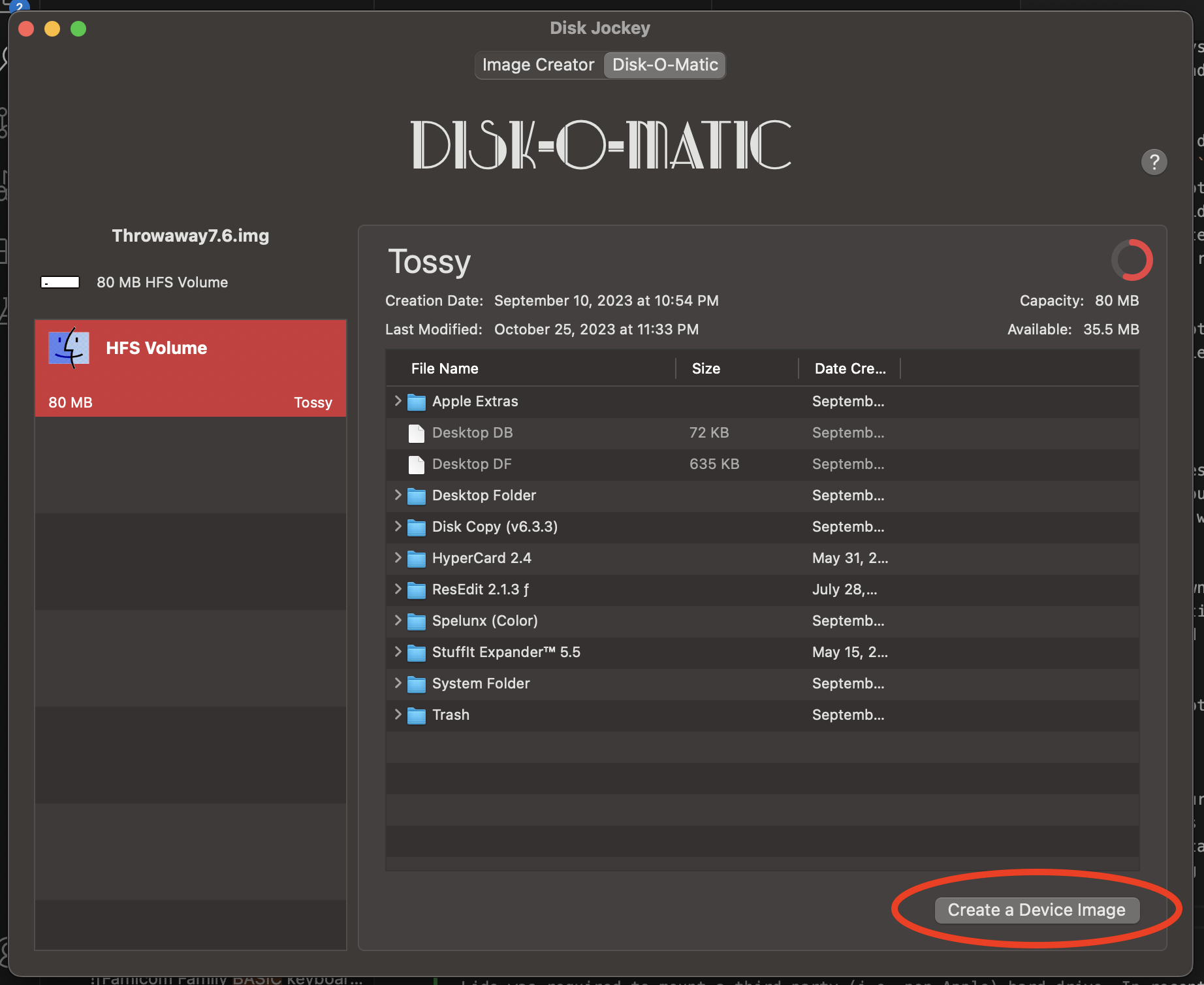 The Disk-O-Matic tab of Disk Jockey is highlighted, with a red circle around the "Create a Device Image" button.