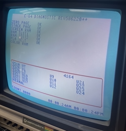 The C-64 DIAGNOSTIC SOFTWARE REV586220 passes both RAM TEST1 and RAM TEST2.