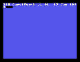 The CamelForth-80 sign on banner reads: Z80 CamelForth v1.01 25 Jan 1995, followed by two black tiles for unknown characters.