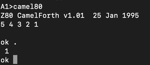 In unmodified CamelForth, 5 4 3 2 1 and then a period returns 1, as expected.
