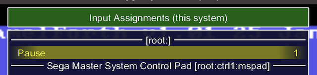 The "1" key is bound to "Pause" in the MAME settings.