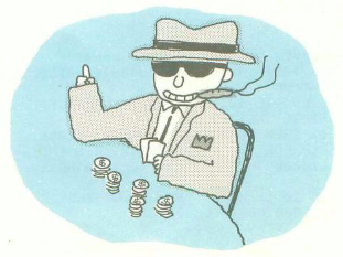 An illustration from the Casio PV-7 "Program Library" manual, showing a gambler wearing clothes that are clearly too big for them.