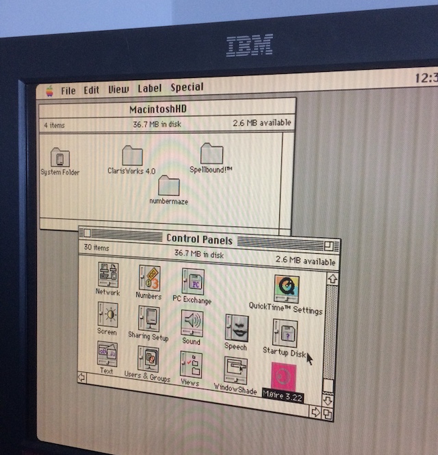 The Mac is booted into Mac OS. It shows 4-bit colour video, as well as a Control Panels folder containing the Moire 3.22 screensaver.