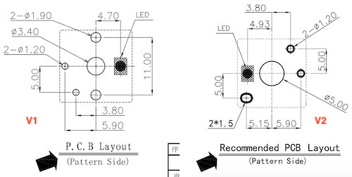 Two datasheet pictures for the Kailh Choc v1 and Kailh Choc v2 show that they are quite a bit different. The version 1 has four holes, and version 2 has three, and they are not as squarely arranged.