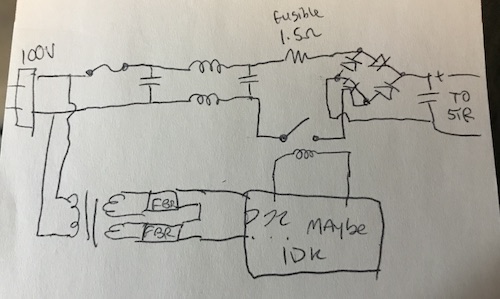 CJ's hand-drawn guess of how the power flows from the wall (100V) through some bridge rectifiers, into the STR3115. There's a relay that switches the power on and off leading into the STR3115, controlled by a box marked "??? maybe IDK"