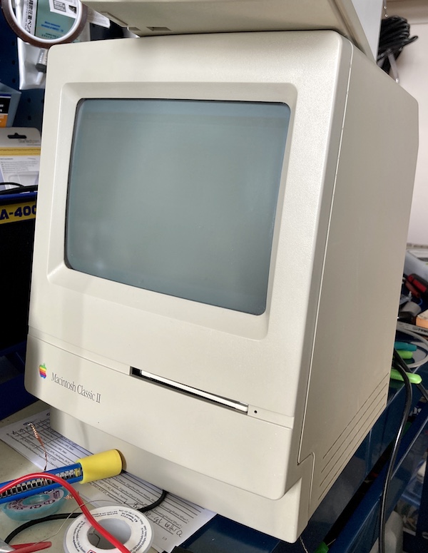 The Classic II sitting on my workbench with a keyboard and mouse attached.