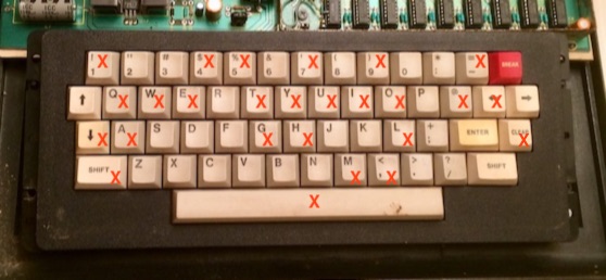 The 'bad' keys - 1, 4, 5, 7, 9, equals, Q, W, E, T, Y, U, I, O, @, left arrow, down arrow, A, D, G, H, L, Clear, left shift, M, comma, space bar are all dead