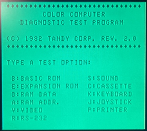 The Diagnostics program is loaded. It gives many options for tests, such as BASIC ROM, Expansion ROM, RAM data, RAM address, Video, RS-232, Sound, Cassette, Keyboard, Joystick, and Printer.