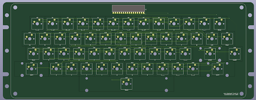 The keyboard PCB. Please don't look too close at the excessive number of horizontal traces, or the vias that get close to mechanical areas.