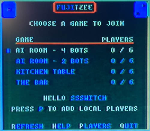The Fujitzee Lobby shows four rooms: AI Room - 4 Bots, AI Room - 2 Bots, Kitchen Table, and The Bar. Beneath it says Hello SSSWITCH, press P to add local players.