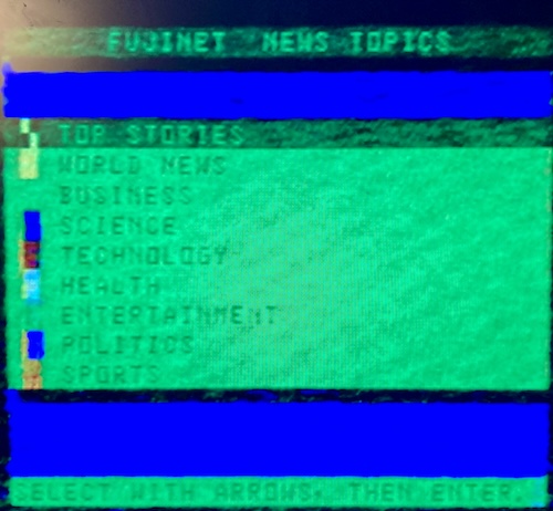 The "news topics" screen: Top Stories, World News, Business, Science, Technology, Health, Entertainment, Politics and Sports.
